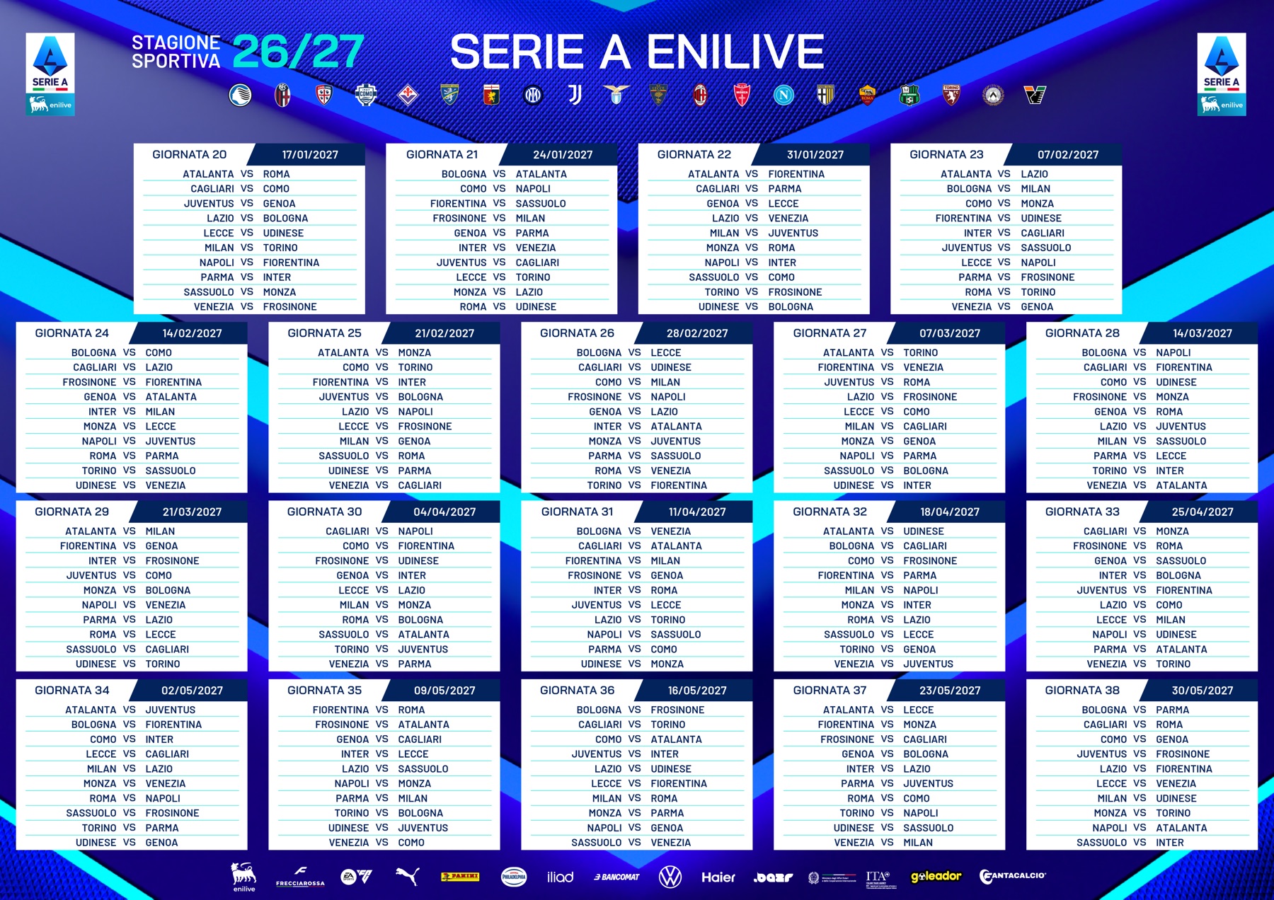 Calendario Serie A 2026/2027, giornate dalla 20 alla 38